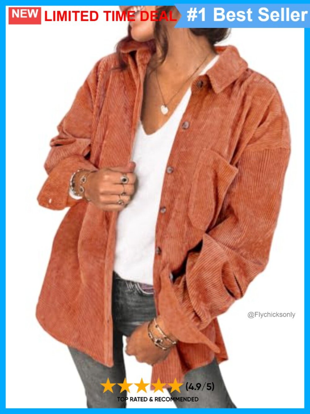 Oversized Lightweight Corduroy Shacket Button Down V-Neck Long Sleeve Jacket